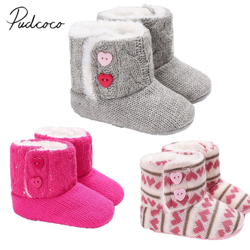 Brand Newborn Toddler Baby Boy Girl Winter Warm Boots Solid Furry Shoes Heart Shape Button Soft Knitted Slippers 0-18M