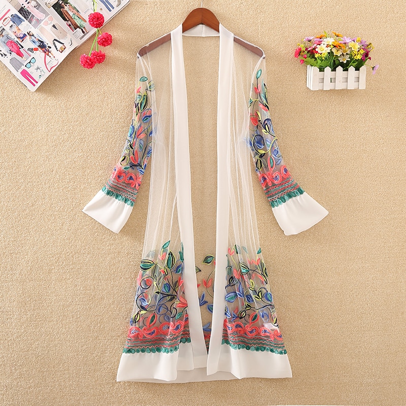 Kvinder blomstret broderet lang jakke sommernet cardigan afslappet lange ærmer tynde frakker damer vintage strandhvide overtøj