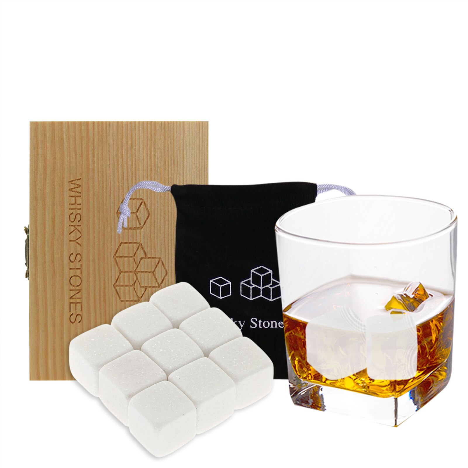 Whiskey Stones Set 9 Granite Whiskey Chill Rocks with Wooden Box and Velvet Bag Wine Stones Reusable Wine Chillers Whisky Stones