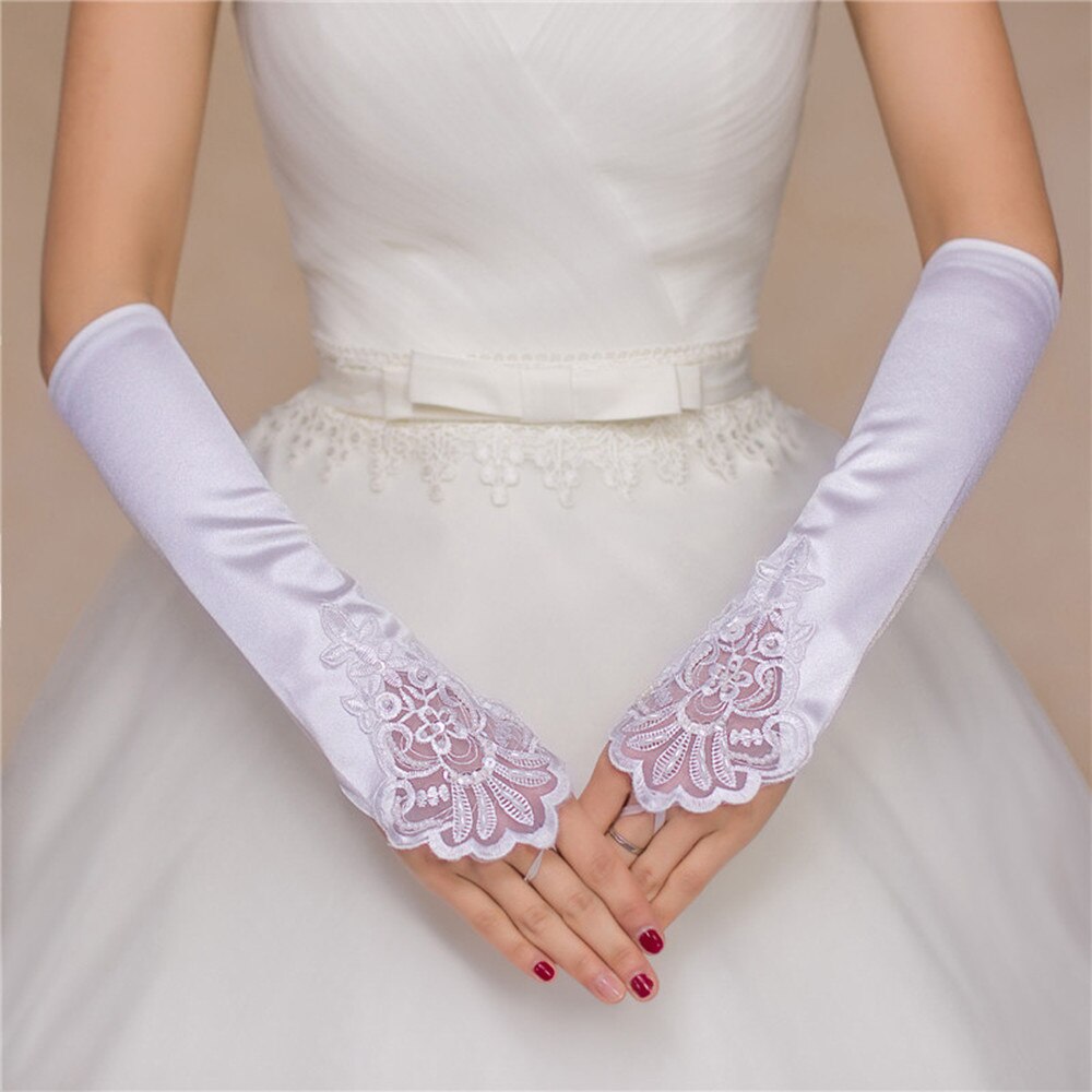 Hongfuyu Bruiloft Accessoires Bridal Handschoenen Kant Satijn Vingerloze Handschoenen Met Kralen Wit/Beige/Rood/Zwart