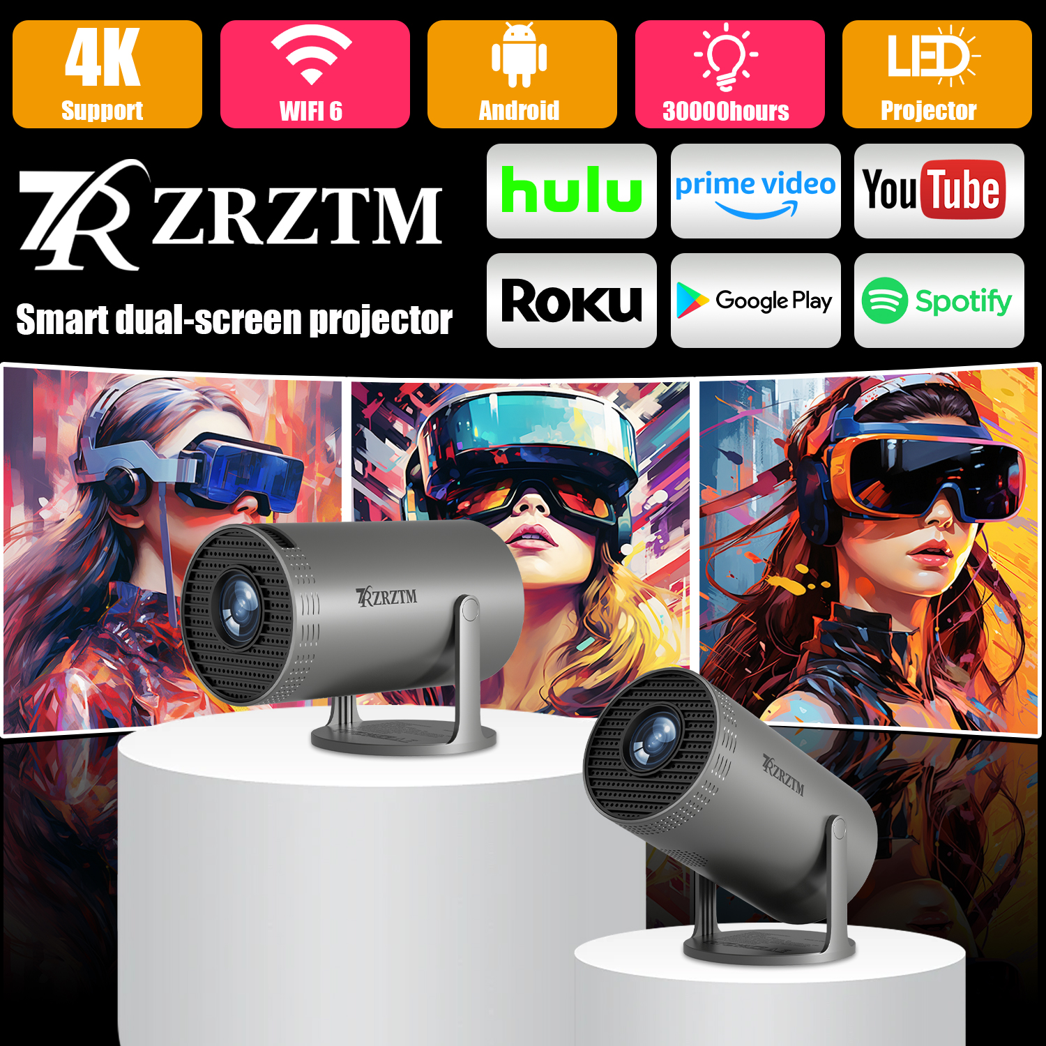 Supports 4K projector, high-definition projector, with WiFi/Android system/BT5.2, suitable for home theater projector