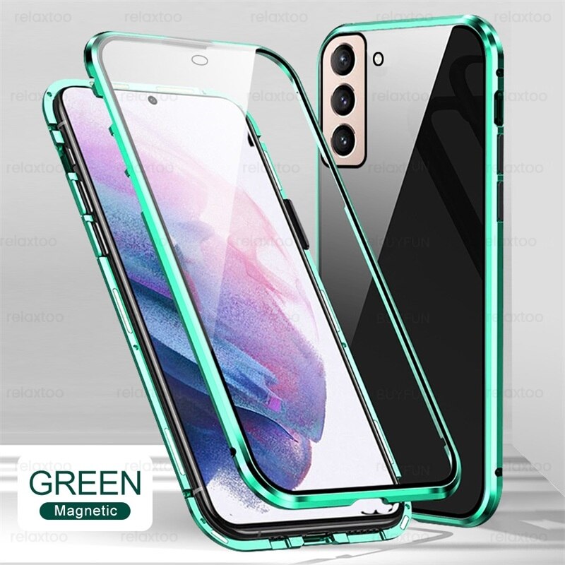 Samung S22 Ultra 360 ° dwustronne szkło hartowane Matel zderzak pełna osłona ochronna do Samsung Galaxy S22 Ultra Magnet Flip Coque: S22 Pro / green-05