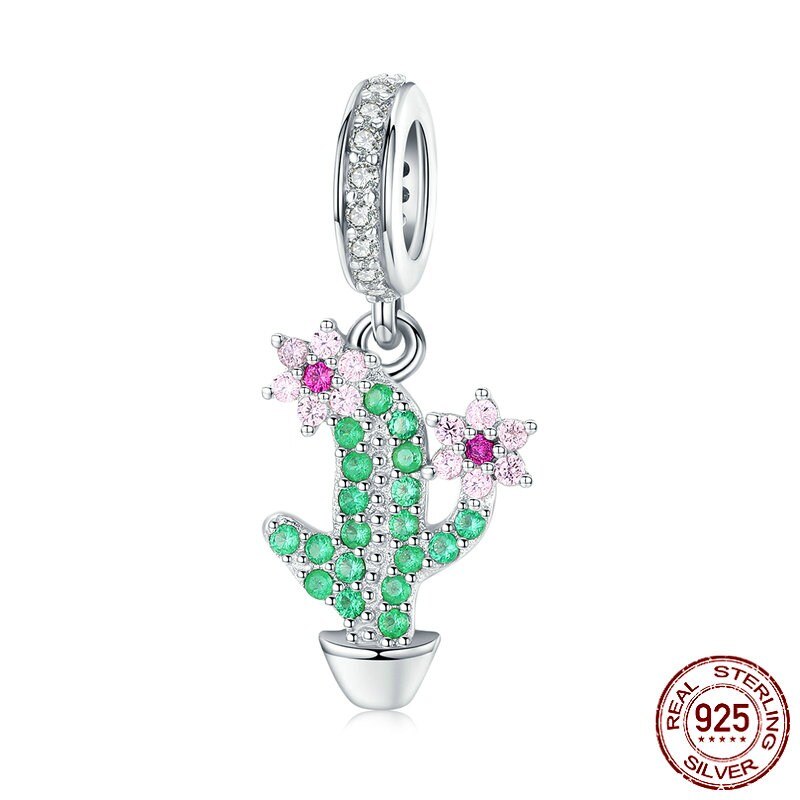 Pulsera Original de Plata de Ley 925 con de Cactus, piña y flor S925, joyería diy