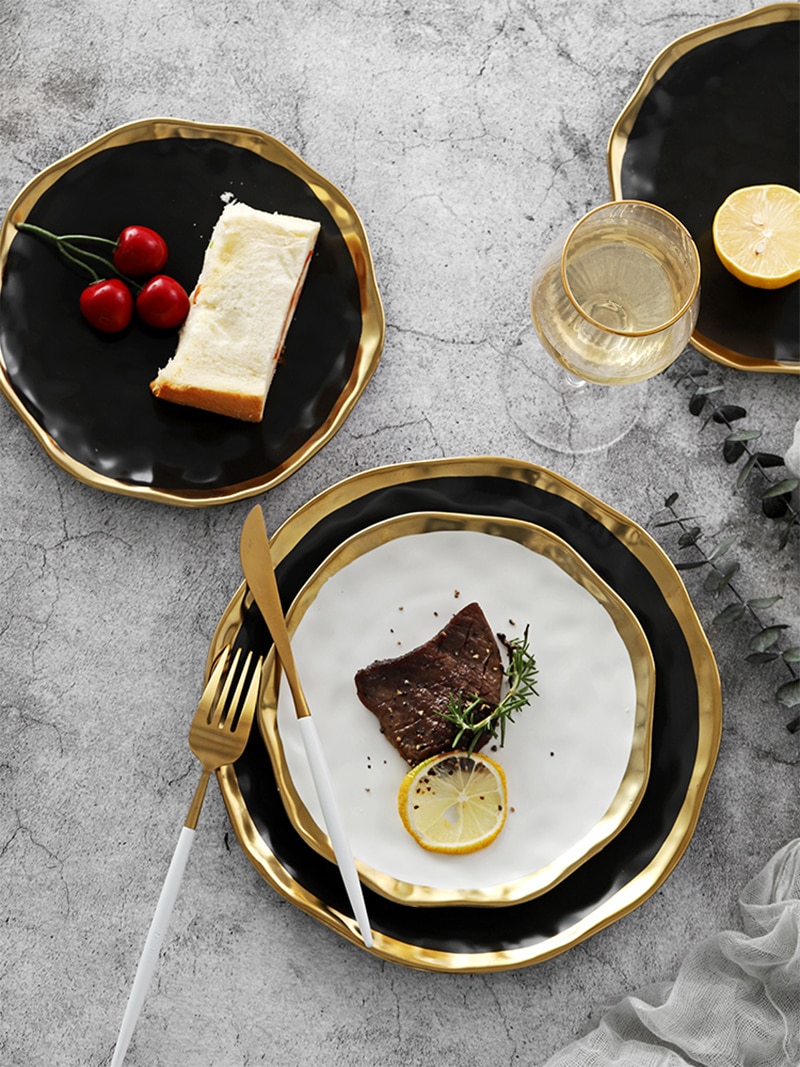 Ceramic Dinner Plate Gold Inlay Snack Dishes Luxury Gold Edges Plate Dinnerware Kitchen Plate Black White Tray TablEware Set