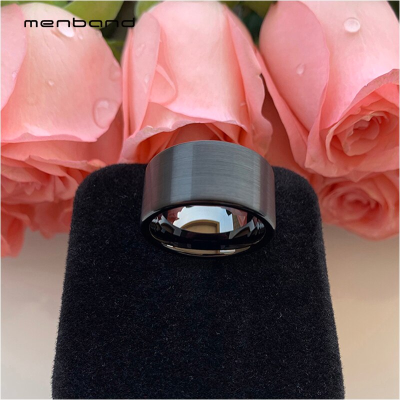 Large Men Ring Black Tungsten Wedding Ring Flat Band And Brushed Finish 12MM Ring Box Available