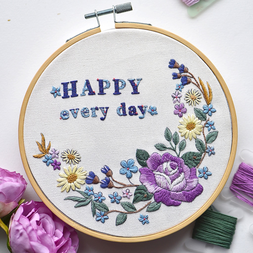 Embroidery Kit (Flowers Happy Every Day) DIY Embroidery Hoop Cross Stitch