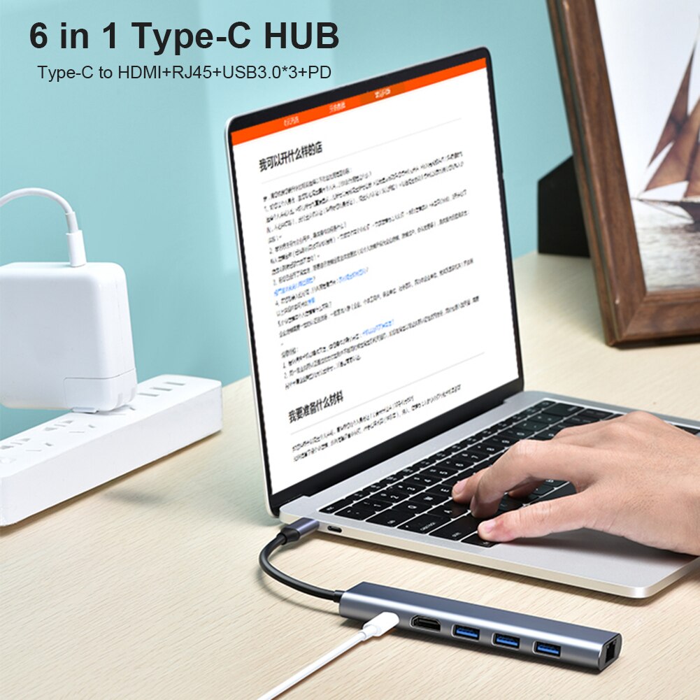 Convertidor de expansión de teléfono inteligente para Notebook, estación de acoplamiento 6 en 1, USB tipo C a 4K, HDMI, compatible con RJ45, 100M, LAN, Ethernet Hub