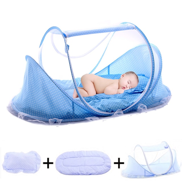 Baby Crib Netting Draagbare Opvouwbare Baby Bed Klamboe Polyester Pasgeboren Slaap Reizen Bed Bed Netting Play Tent Kinderen: 3pcs set blue