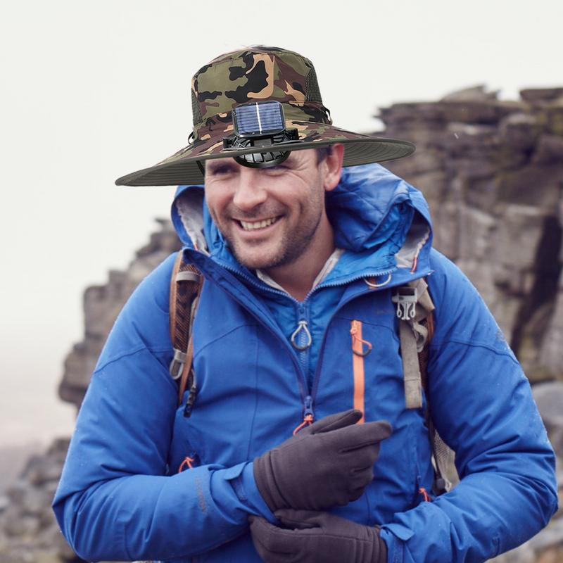 Fischerhut mit Solarventilator, wiederaufladbarer Sonnenhut mit Solarventilator, leichte Angelhüte, breite Krempe, draussen-Sonnenschutz zum Wandern