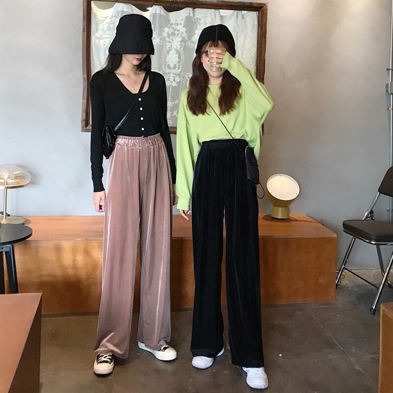 Byxor dam sommar guld sammet vida ben lösa 4xl casual drapera solid koreansk stil matchande trendiga byxor штаны dam