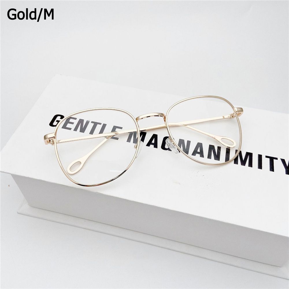 Unisex Big Round Frame Glasses Metal Fram Eyeglasses Women Men Retro Optical Glasses Flat Mirror Eyewear: gold-M