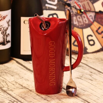 Taza de cerámica para beber OUSSIRRO, creativa, con personalidad minimalista, pajitas a granel, cuchara para hombre y mujer, taza para el hogar para oficina: Rojo