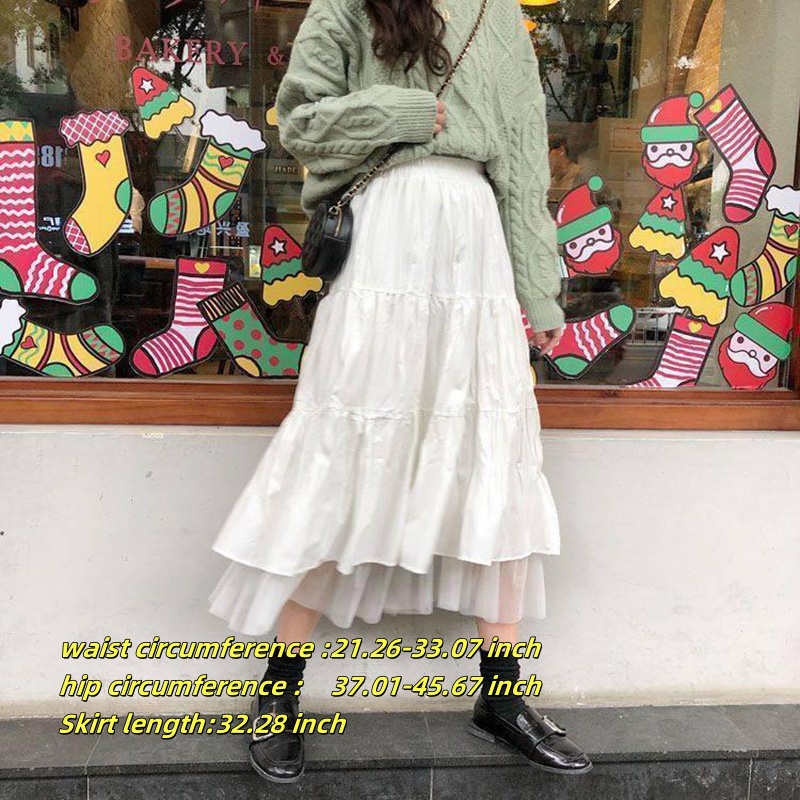 Casual Vintage Women Skirt Matching Chic Lady's White Skirt Sweet Girl's Cake Skirt Elastic Waist A-Line Mid Length Flare Skirt: M / black