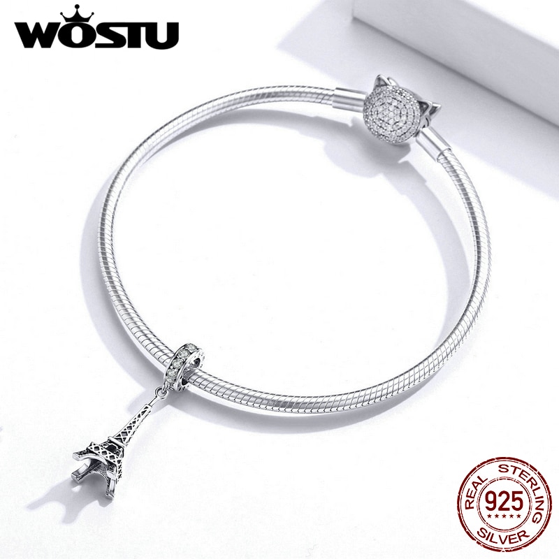 WOSTU Authentic 925 Sterling Silver Eiffel Tower Charms Zircon Openwork Beads Fit Original Bracelet Pendant Jewelry CTC154