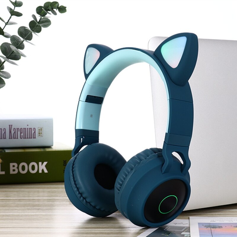 Cute Cat Bluetooth 5.0 Headset Wireless Hifi Music Stereo Bass Headphones LED Light Mobile Phones Girl Daughter Headset For PC: green no box