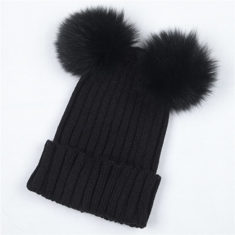 Gorro con pompón de pelo para niña y mujer, 2 pompones, sombreros de invierno de mujer, gorro de lana tejida de algodón, gorra gruesa de mujer: Negro
