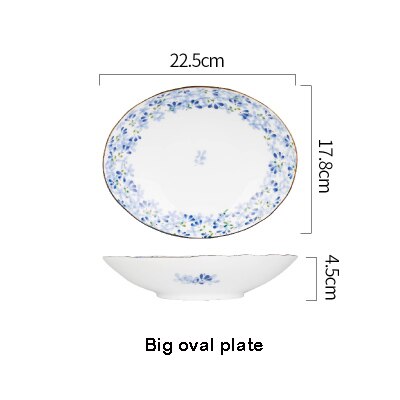 Serie de flores azules de estilo japonés, vajilla de cerámica de hueso claro, plato para el hogar, plato occidental, tazón de arroz, tazón grande: Big oval plate