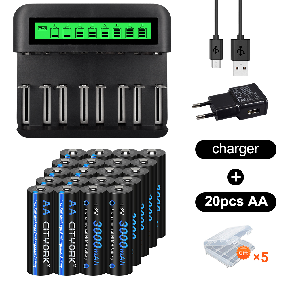CITYORK AA 1,2 V 3000 mAh nimh oplaadbare batterij aa-batterijen + batterijlader voor 1,2 V AA/AAA C/D oplaadbare batterij: Rood