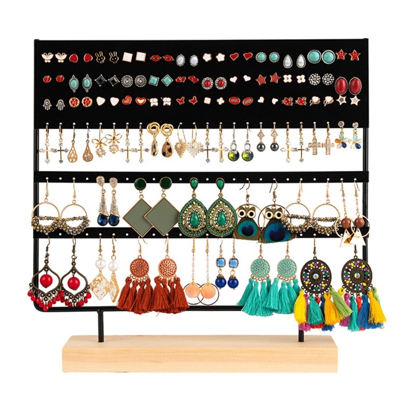 Øreringestativ display rack 3- -lags ørestikker holder smykker organizer ørestikker ørering holder 144 huller med træfod