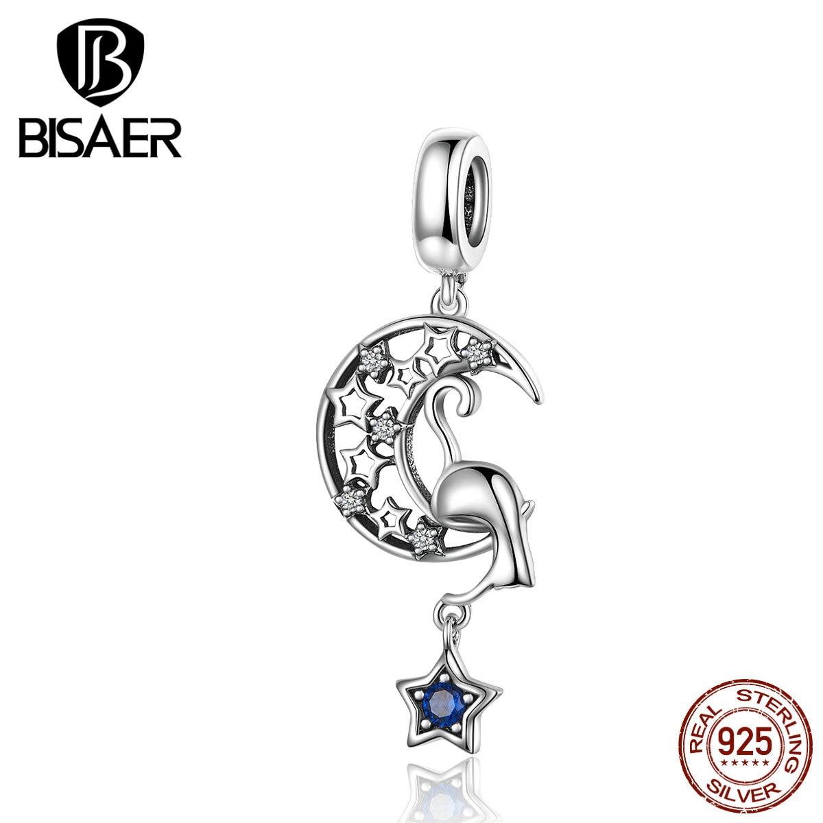 Abalorios BISAER con forma de gato y luna de cuento de Plata de Ley 925 con forma de luna con forma de gato y estrella para pulseras DIY ECC1205