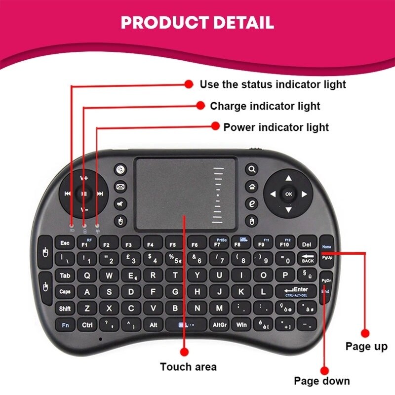 Miniteclado inalámbrico retroiluminado i8 + panel táctil, mando a distancia, TV, ordenador, Bluetooth, Papan Kekunci