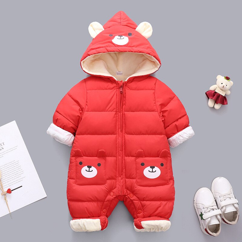 born Panda Baby clothes Winter Hooded Rompers Thick Cotton Warm Outfit Jumpsuit Overalls Snowsuit Children Boy Clothing: Red / 12M