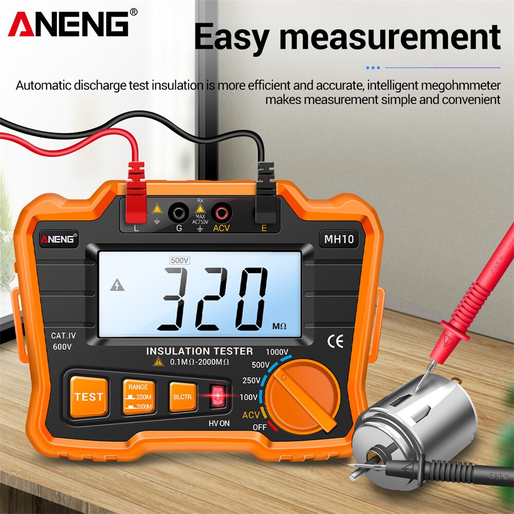 ANENG MH10 Insulation Resistance Tester 0.1MΩ-2000MΩ Megohmmeter Output Voltage 100/ 250/ 500/ 1000V Insulated Resistance Meter