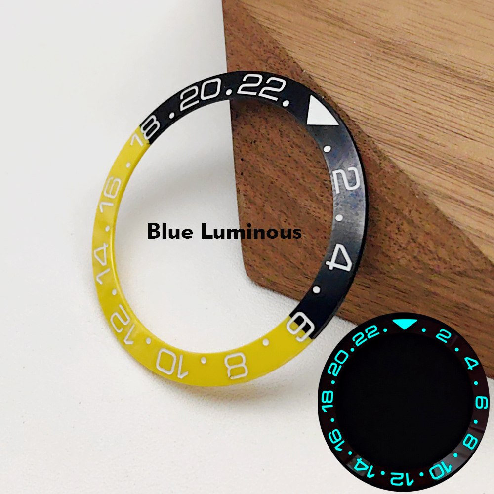 Inserto de bisel de reloj GMT luminoso azul de 38mm apto para SKX007 SRPD GMT caja de reloj NH35 piezas de anillo de inserción de bisel de cerámica: #M14 / 24