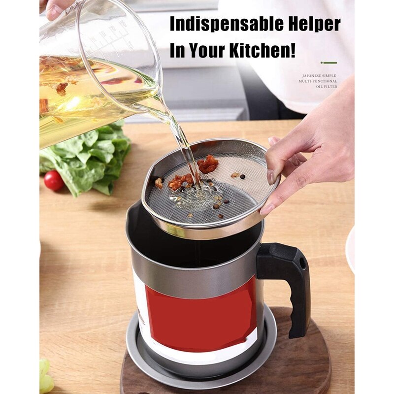 Bac à graisse avec tamis, Pot à huile en acier inoxydable, pour stockage huile de cuisson ou de friture,(1.7L)