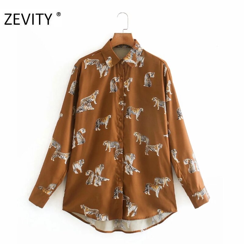 Zevity dames blouse met dierenprint en zakelijk smock, lange mouwen, casual blouses, chique merk chemise tops  ls7134: Ld  ls7134k / Xs