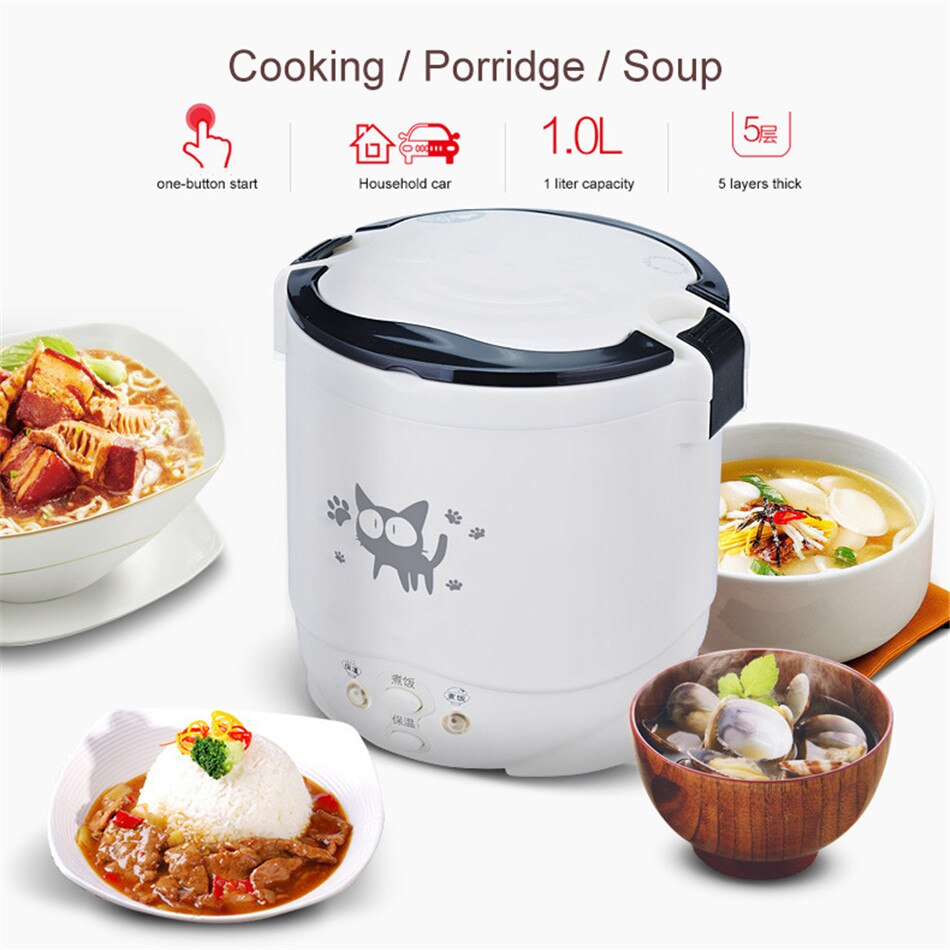 VOGVIGO 1L Rice Cooker Used In House 220v or Car 12v To 24v Enough for Two Persons with English Instructions Kitchen Tools