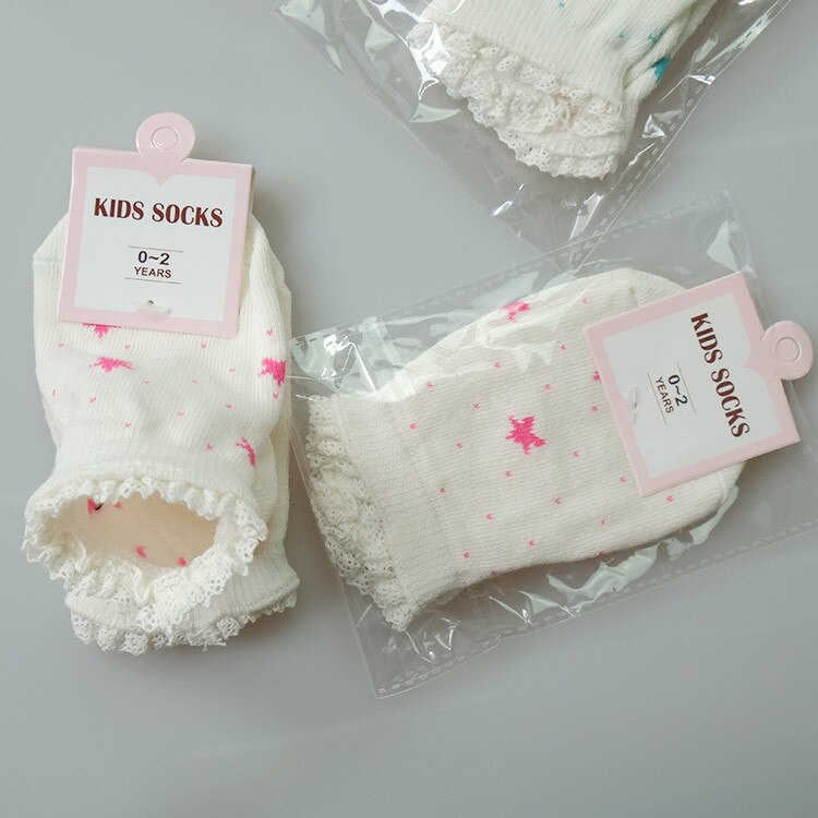 one pairs 100% cotton baby socks rubber slip-resistant little star print with lace ruffle trim 0-2/2-3Y