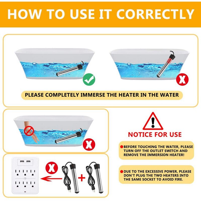Immersion Heater,Portable Electric Water Heater with Stainless Steel Guard,Submersible Water Heater for Pool,Us Plug