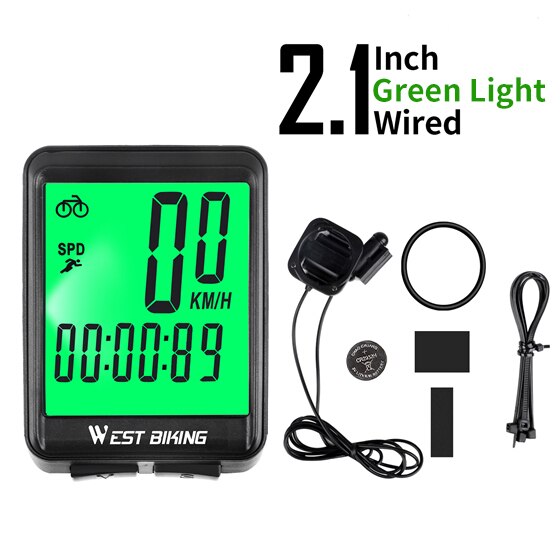 WEST BIKING Waterproof Bicycle Computer WirelessWired MTB Bike Cycling Odometer Stopwatch Speedometer Watch LED Digital Rate: Green Light-Wired