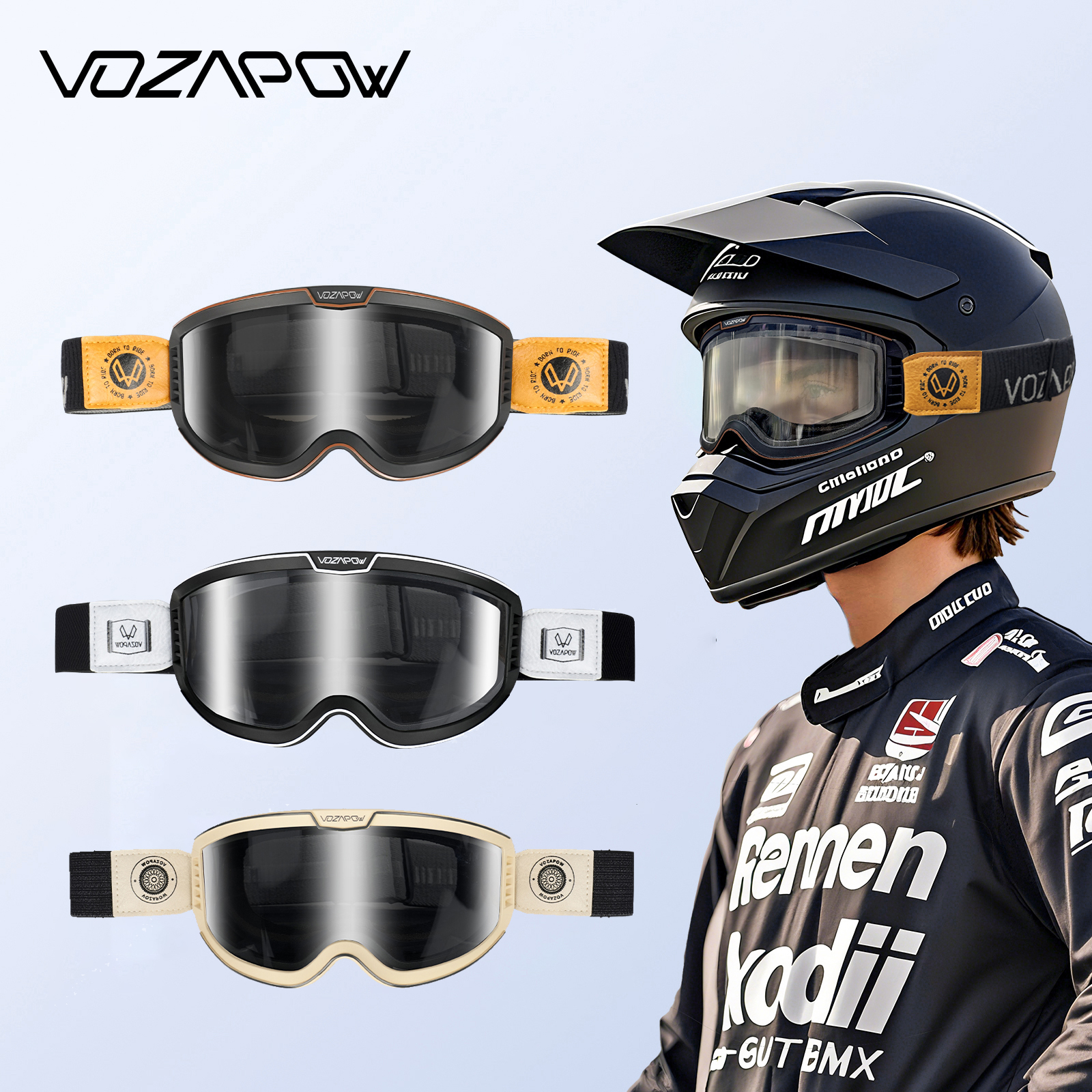 Vozapow Motorcycle Goggles Photochromic 3 IN 1 Retro Cycling Sunglasses Anti-Fog Windproof Polarized Motocross Riding Glasses