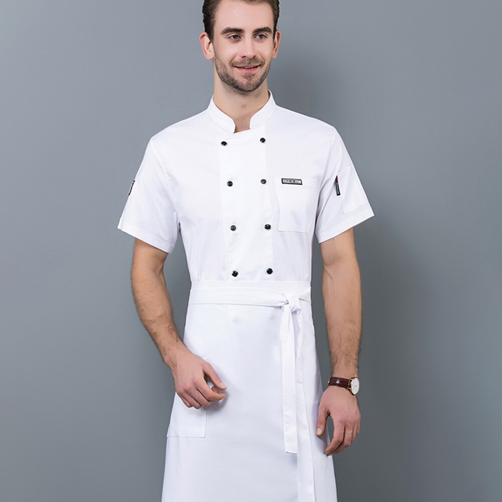 Læder standard kortærmet kokkeuniform sommer unisex hotel restaurant frisørsalon kok tjener arbejdsjakke gratis tørklæde
