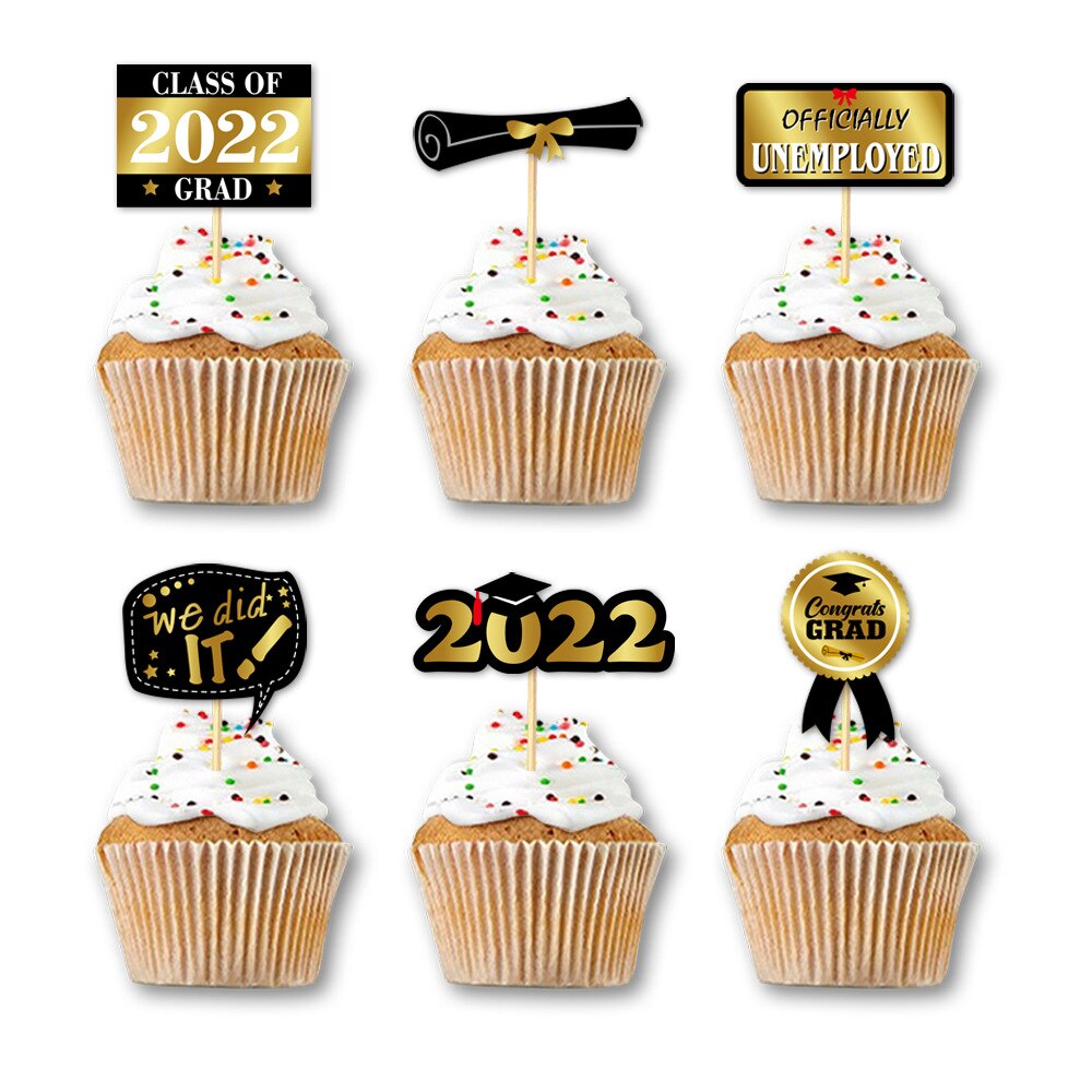 12/24pcs Graduation Party Cupcake Wrappers with Cake Topper Class Of 2022 Cupcake Topper Wrapper Cake Party Supplies Decorations: J-12pcs cake topper