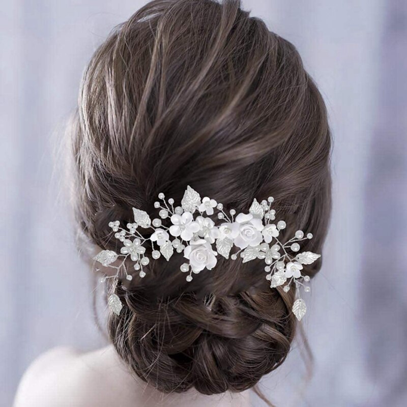 Flower Bride Wedding Hair Vine Silver Pearl Hair Accessories Bridal Headband Headpiece for Women and Girls