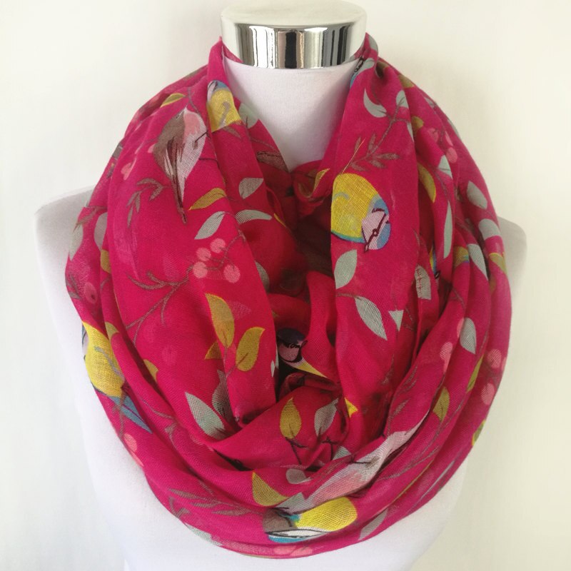 Magpie Bird print Viscose Match Ipek Esarp loop Scarves Flower Infinity Scarf spring Wraps ring scarf for women