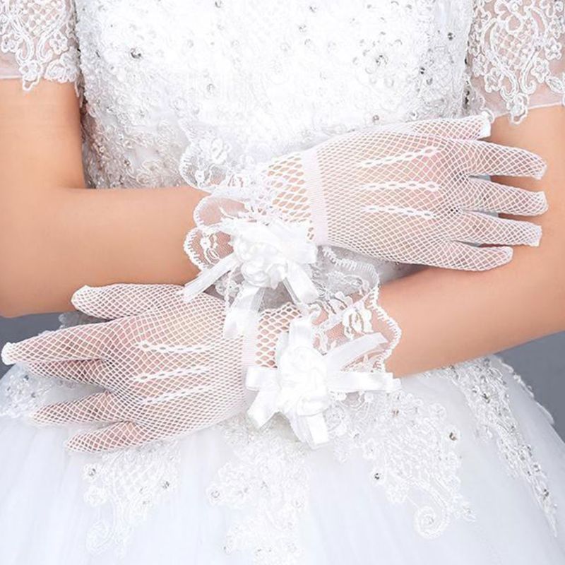 novia verano vestido de novia guantes de encaje Flores grandes corto con guantes de dedos guante hueco de malla