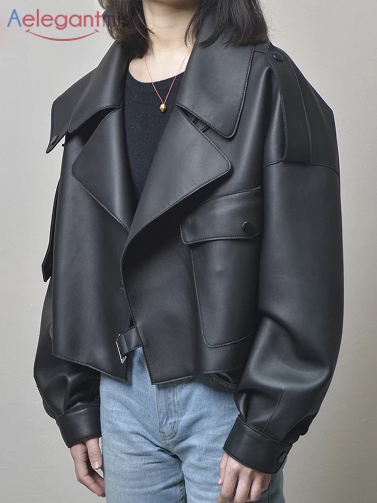 Aelegantmis sort kort løs pu læderjakke efterår vinter blød kunstlæder jakke street casual outwear damer biker jakke