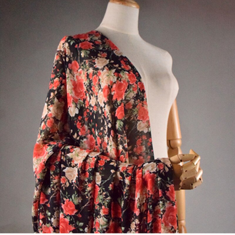 Half Meter Spring Summer Rose Flower Chiffon Fabric For Dress Gallus Lady's Garment Sewing Tissue T1571: red