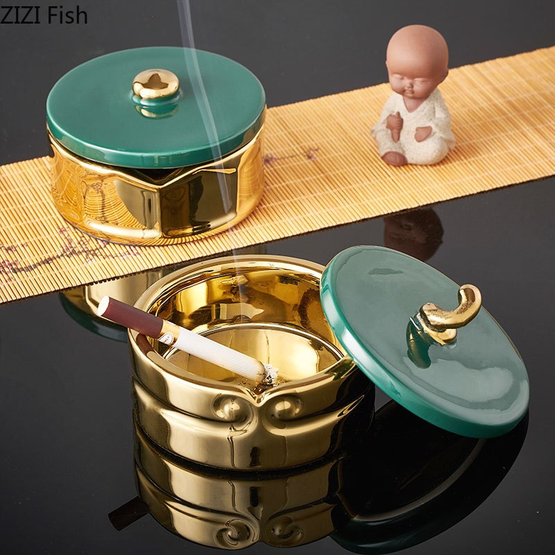 Cenicero dorado de cerámica con tapa, decoración artística para oficina, Cenicero de esmalte para el hogar, sala de estar, mesa de centro, para novio