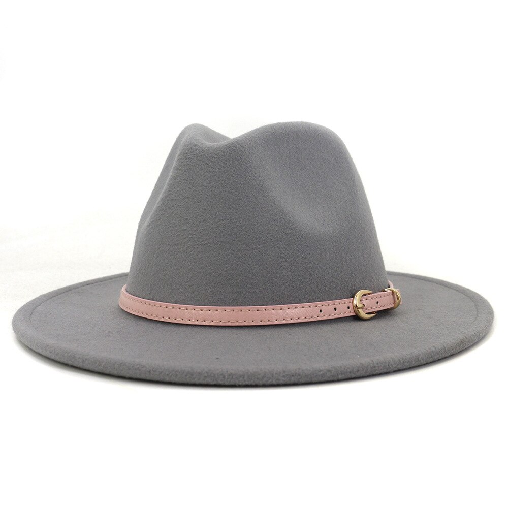 Fs roze vilten hoed winter fedora hoeden dames imitatie wol mix brede rand panama klassieke britse herfst dame jazz pet voor heren: Grijs
