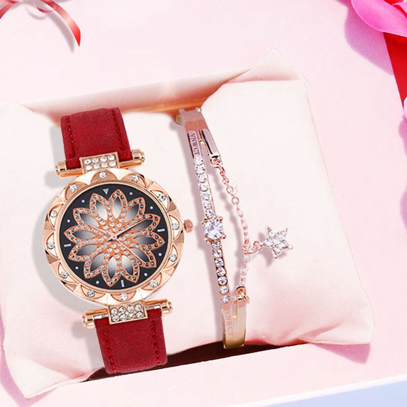 Luxury Women Watches Bracelet set Starry Sky Ladies Bracelet Watch Casual Leather Quartz Wristwatch Clock Relogio Feminino: Red bracelet
