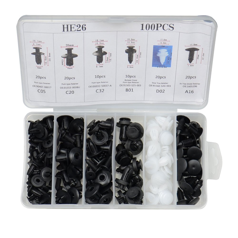 100 Stks/set Auto Zwart Gemengde Plastic Fastener Schroef Klinknagels Clips Kit Voor Auto Bumper Fender Versieringen Fastener Schroef Klinknagels Clip