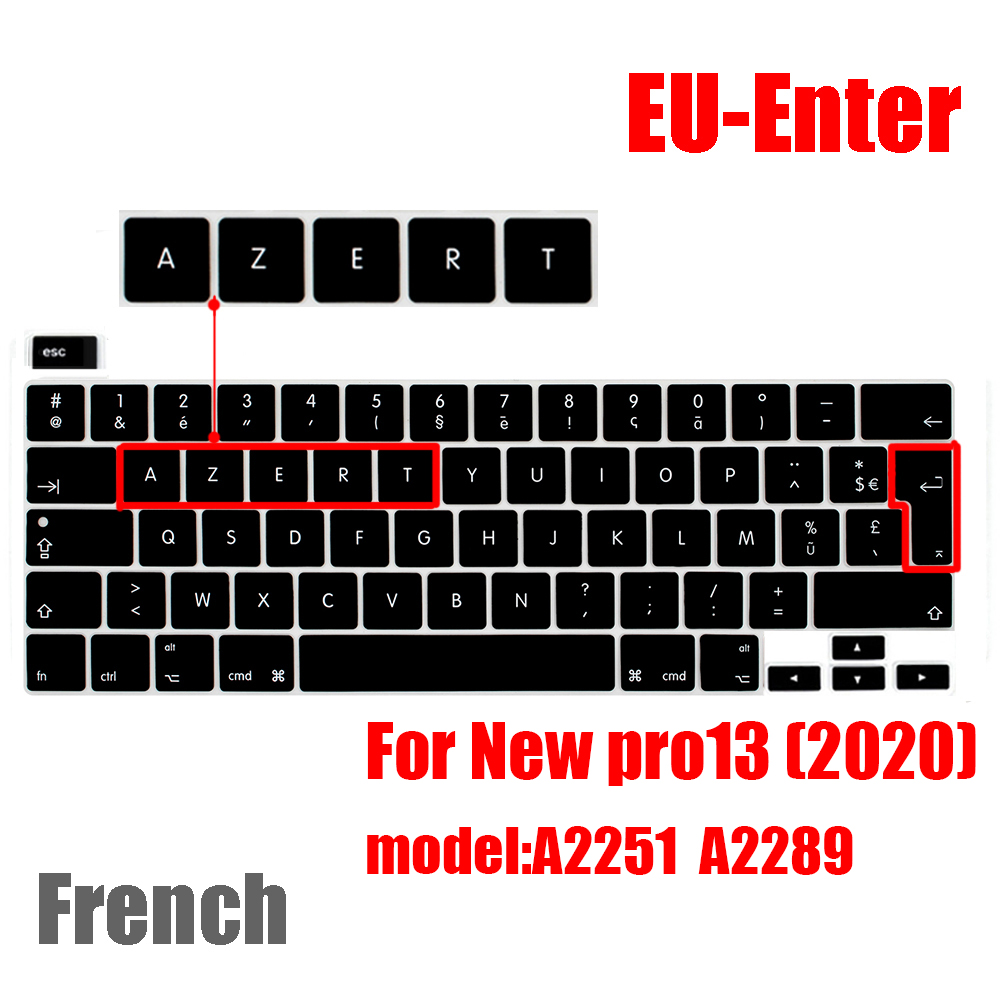 Dla macbook pro13 2020 pokrywa klawiatury Laptop folia ochronna 13 cali A2289 A2251 pokrywa klawiatury silikonowej rosyjski francuski hiszpański: EU-Enter French