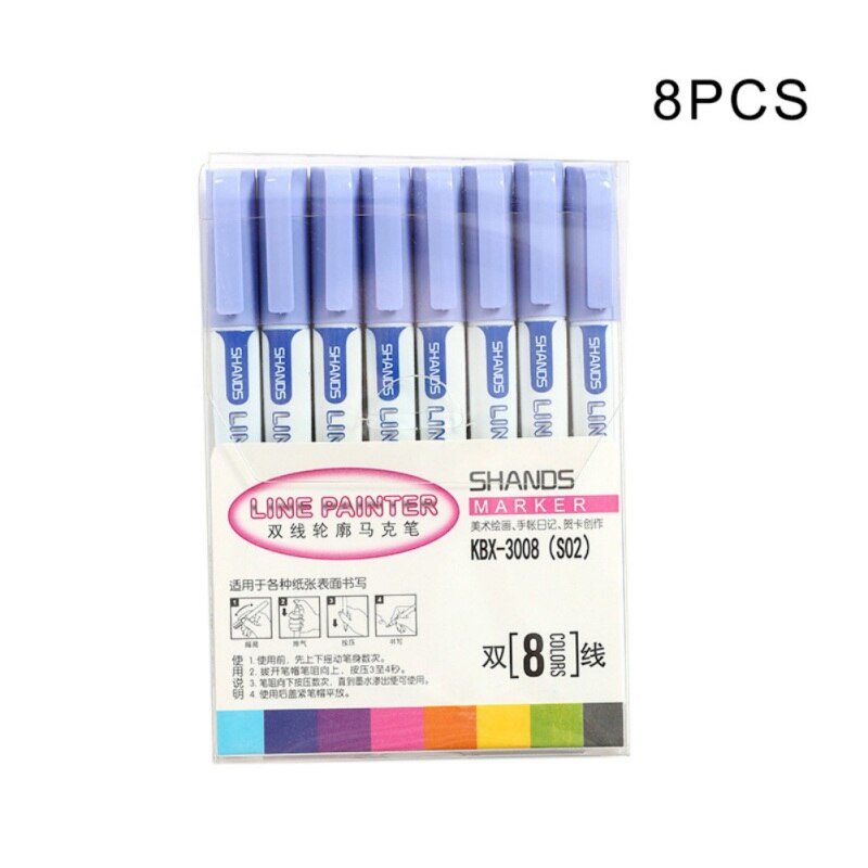 Dubbele Lijn Pen Card Schrijven en Tekenen Dubbele Lijn Overzicht Pen 9 Kleur Handschrift Pen Fine Liner Marker Scrapbooking pen: 8pcs purple