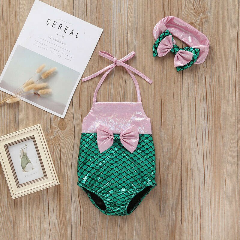 Leuke Zomer Strand Peuter Kids Baby Meisje Kleding Mermaid Badmode Badpak Boog Bikini Badpak Beachwear + Hoofdbanden