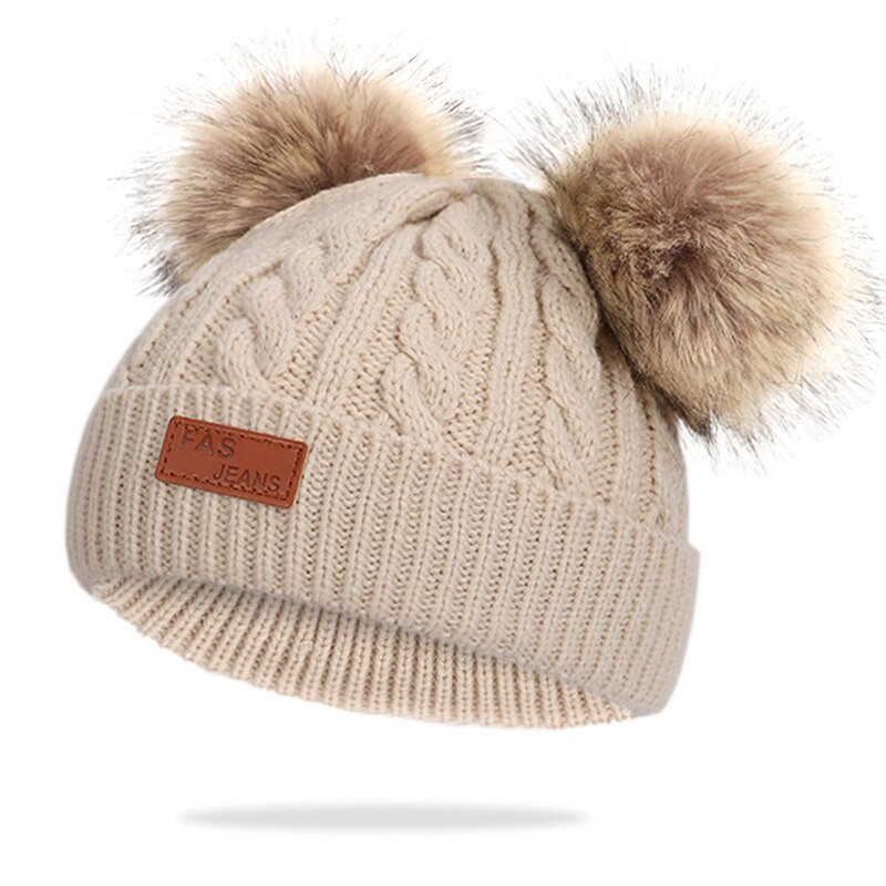Cute baby child winter cotton hat outdoor leisure hair ball knit hat boy girl label thickening comfortable baby hat: Khaki